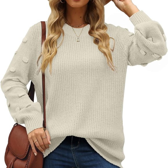 Womens Long Sleeve Chunky Knit oversized Crewneck Sweater. Cream, size Large. - Picture 2 of 13